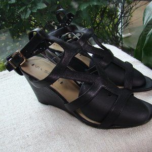 Via Spiga black genuine leather ankle buckle strappy wedge sandals, Size 9
